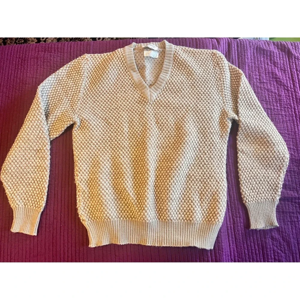 Gian Marco di Signa Italian‎ Knit V-Neck Sweater Textured Pattern Tan Brown